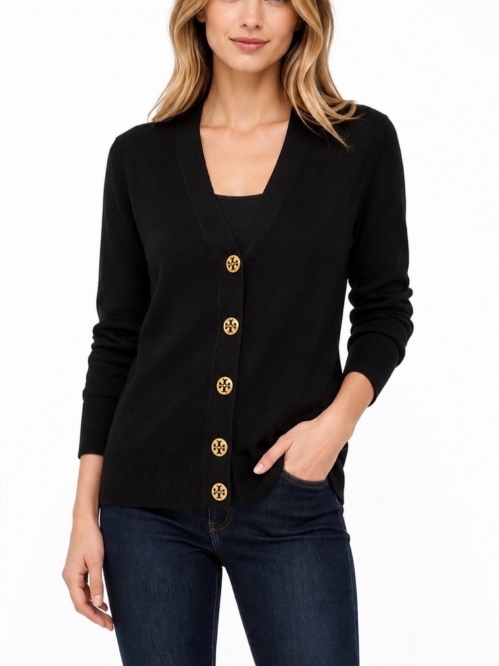 Tory Burch Women's Black Merino Wool Sweater with Gold Signature Buttons